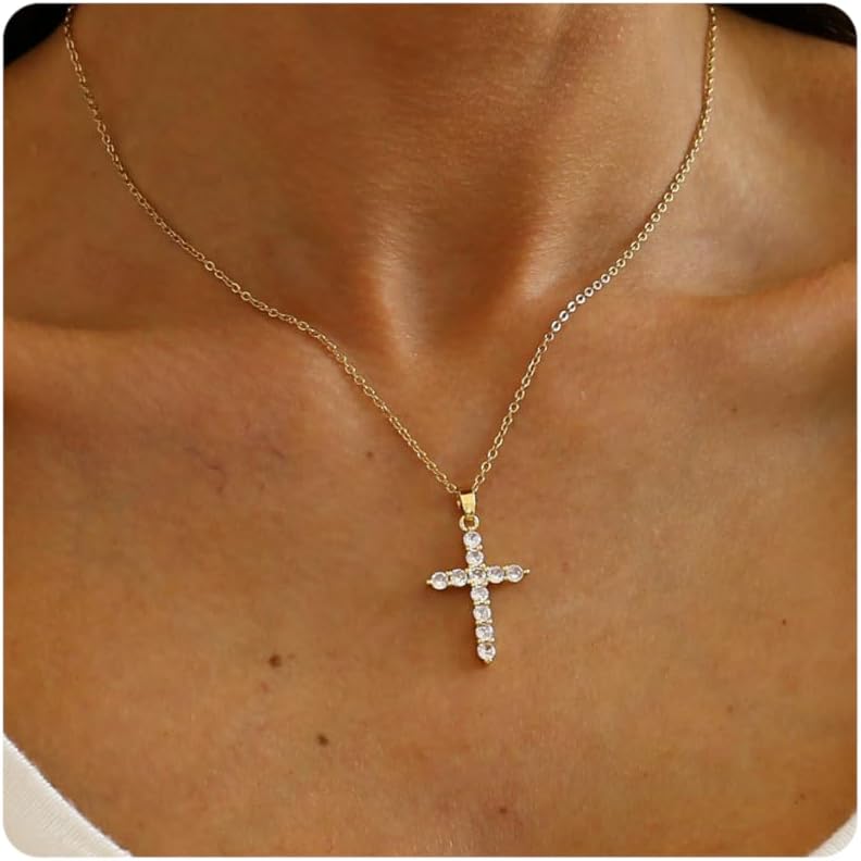 925 Silver Cross Necklace Golden Elegance with Brilliant Moonstone Inlay