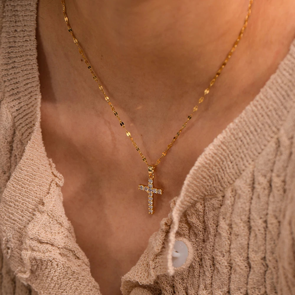 18K Gold Plated Cross Necklace – White Zirconia Stainless Steel Pendant