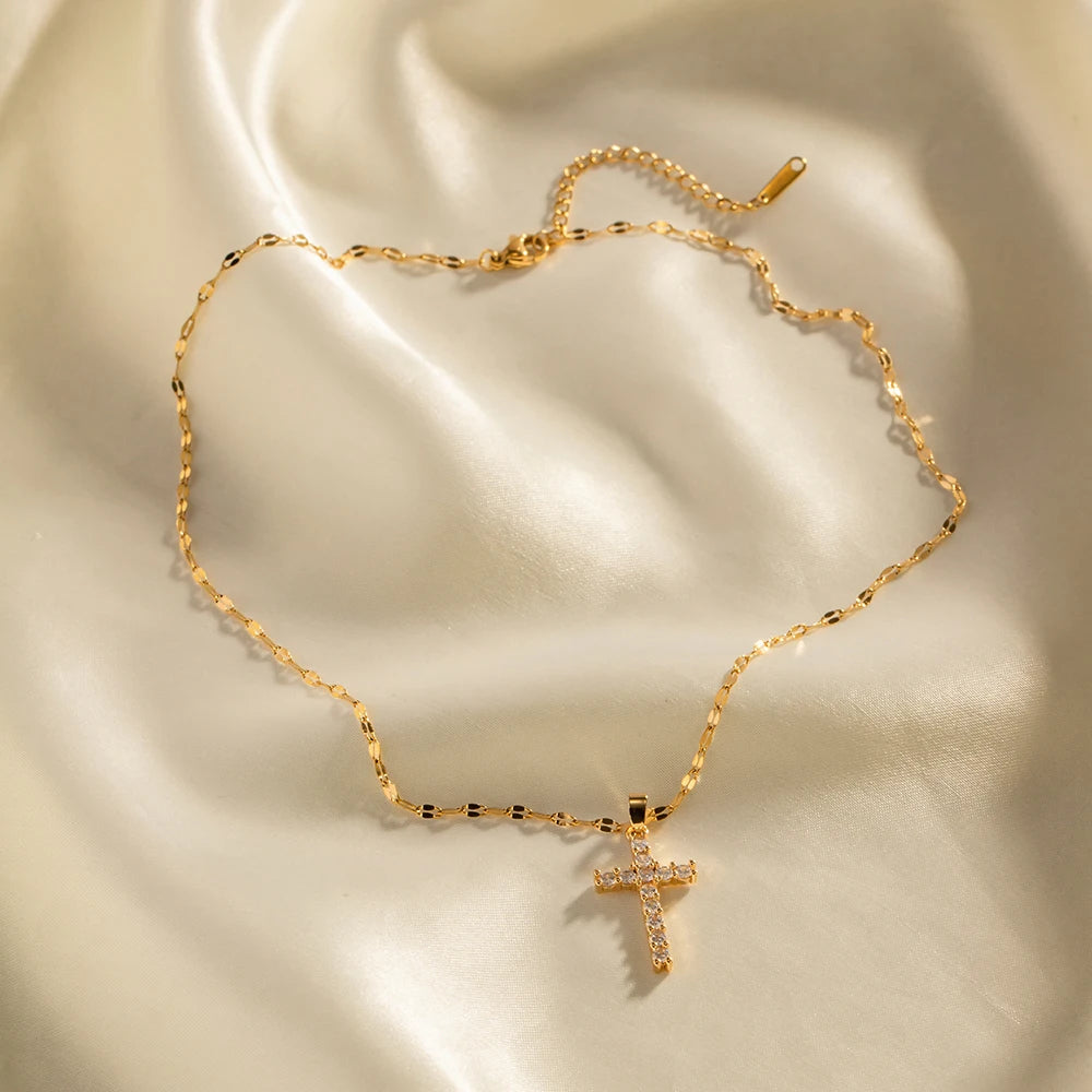 18K Gold Plated Cross Necklace – White Zirconia Stainless Steel Pendant