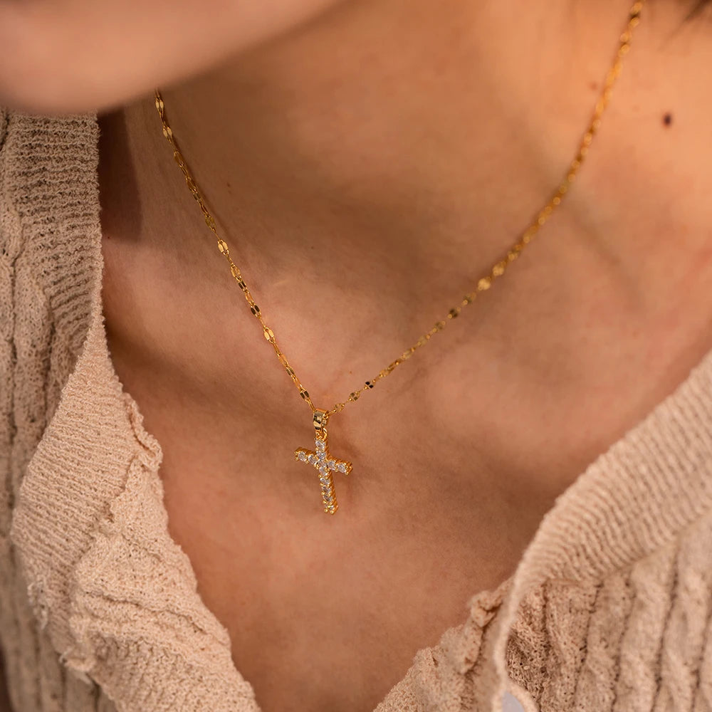 18K Gold Plated Cross Necklace – White Zirconia Stainless Steel Pendant
