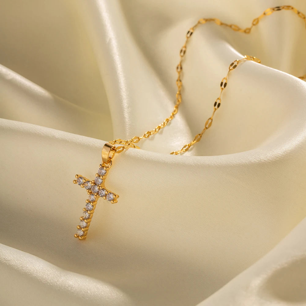 18K Gold Plated Cross Necklace – White Zirconia Stainless Steel Pendant