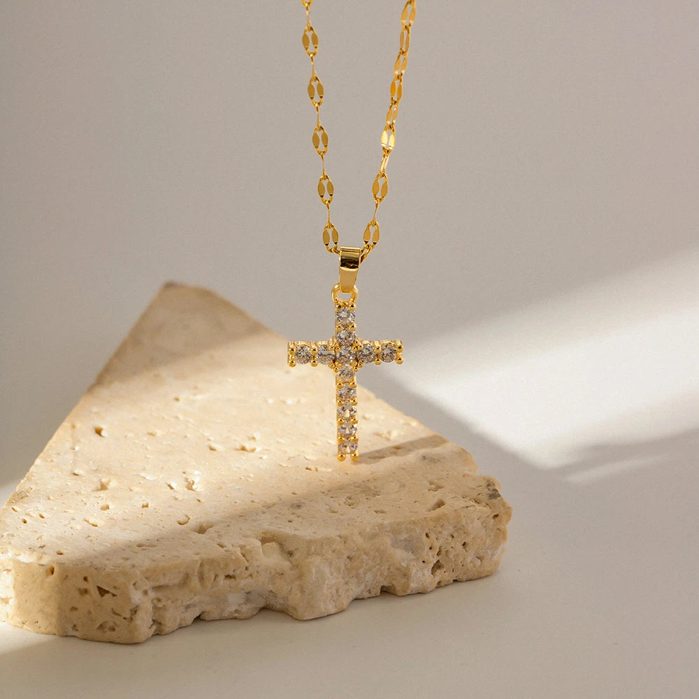 18K Gold Plated Cross Necklace – White Zirconia Stainless Steel Pendant