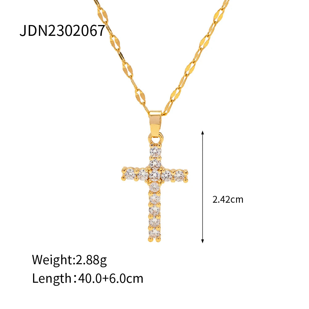 18K Gold Plated Cross Necklace – White Zirconia Stainless Steel Pendant