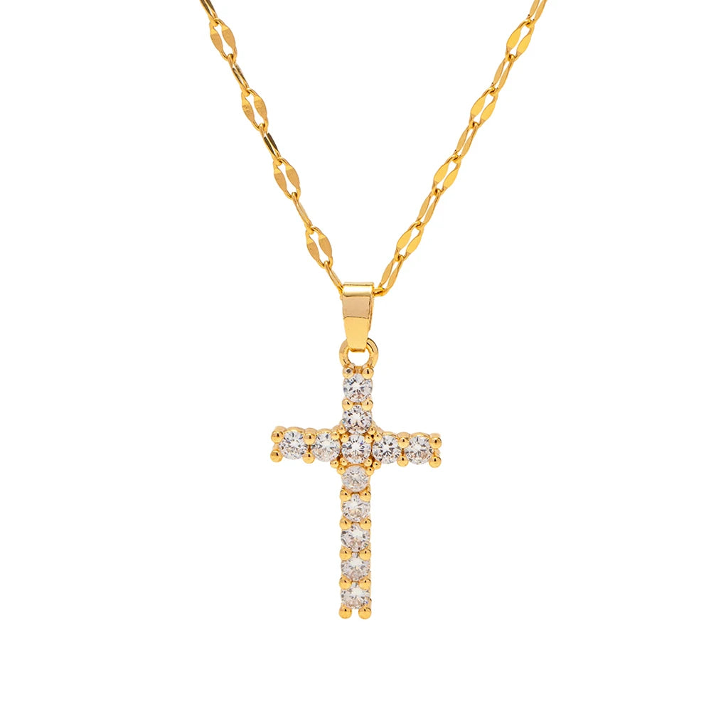 18K Gold Plated Cross Necklace – White Zirconia Stainless Steel Pendant