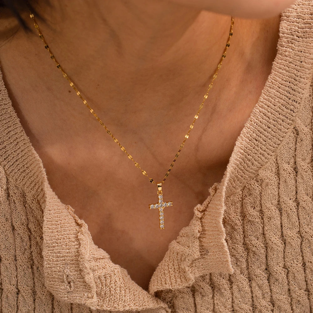18K Gold Plated Cross Necklace – White Zirconia Stainless Steel Pendant