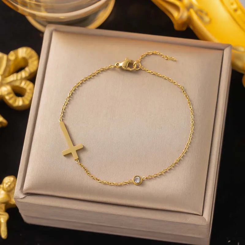Birthstone Zirconia Thin Chain Link Cross Bracelet