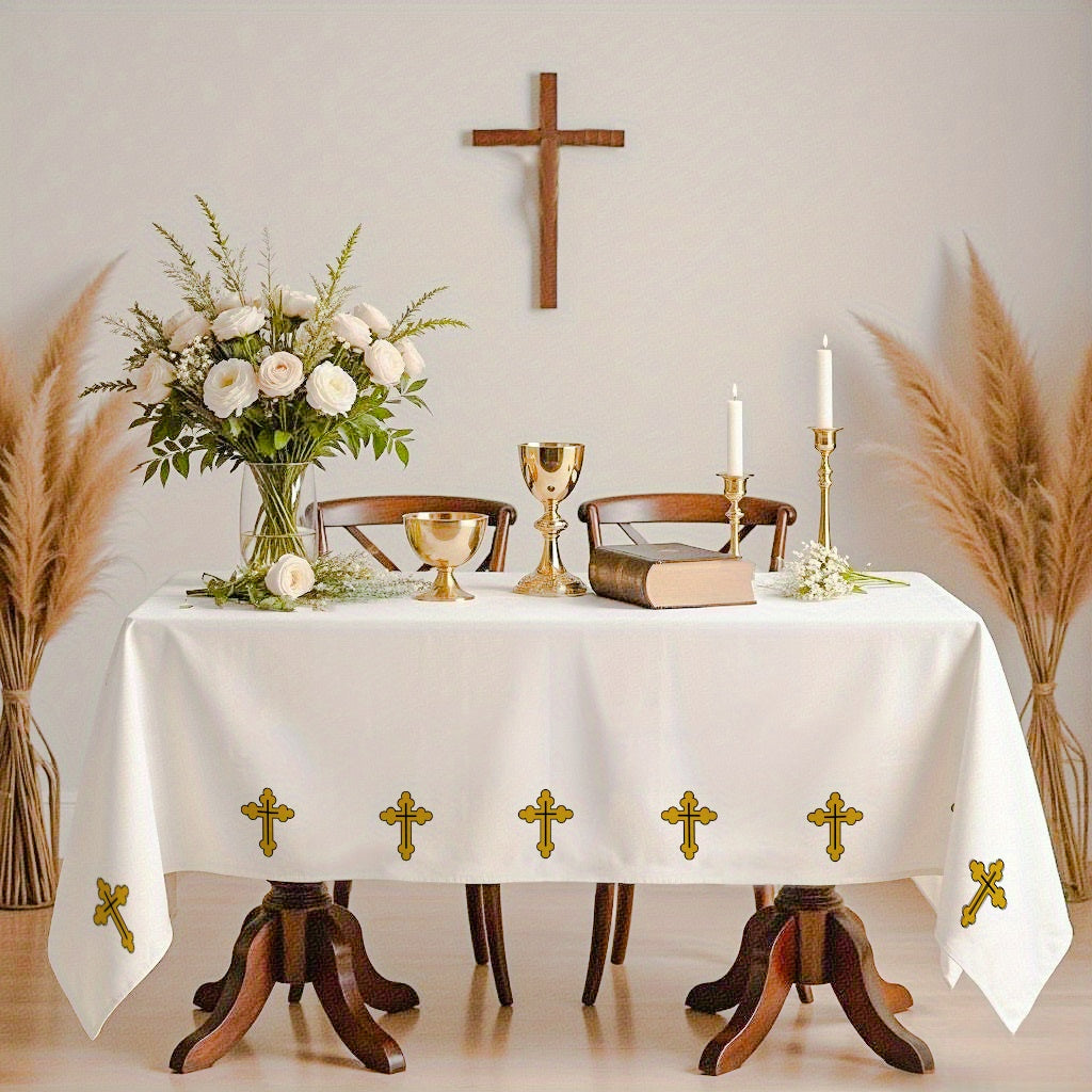 Elegant Polyester Rectangular Tablecloth with Golden Cross Pattern
