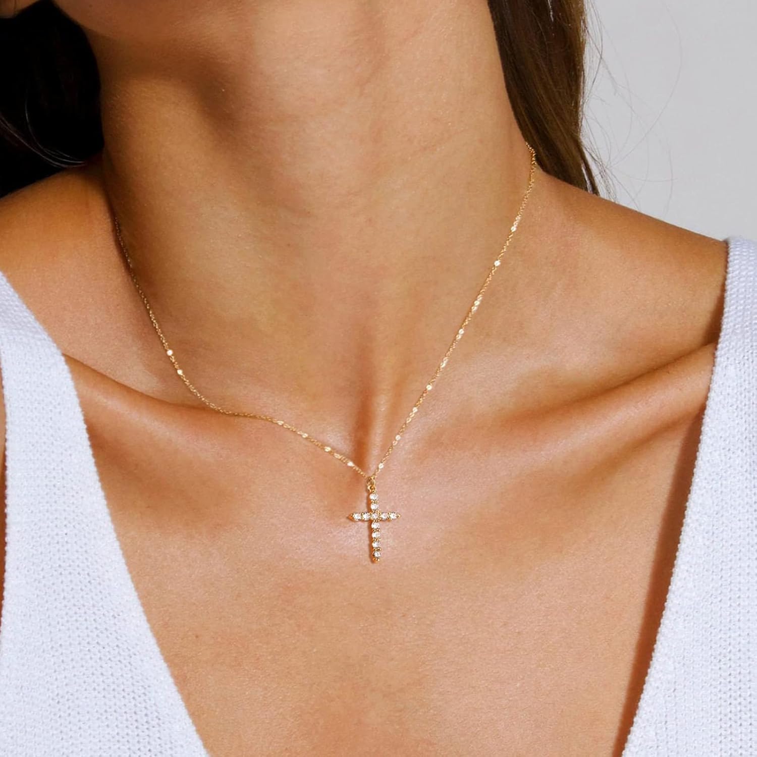 925 Silver Cross Necklace Golden Elegance with Brilliant Moonstone Inlay