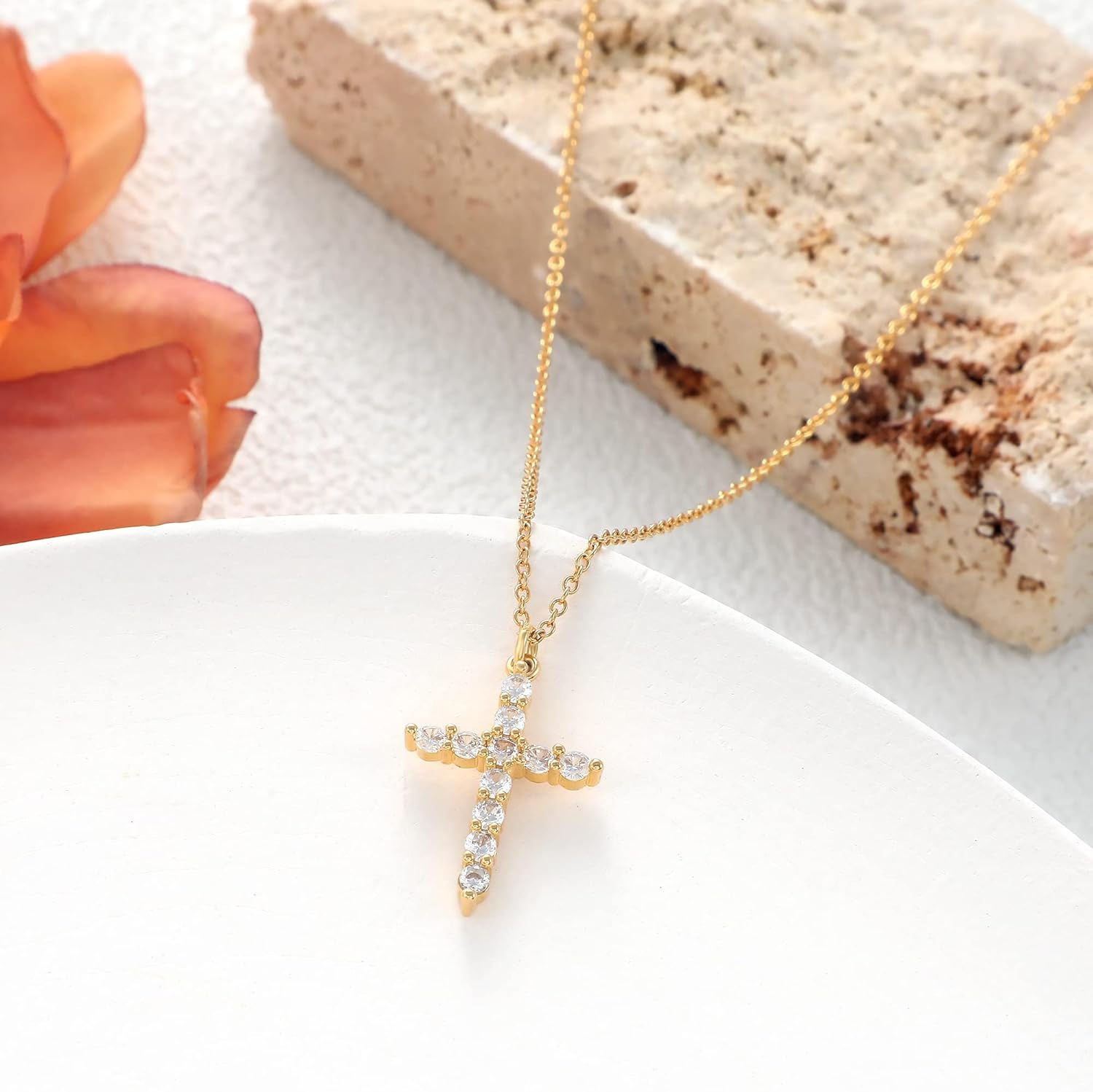 925 Silver Cross Necklace Golden Elegance with Brilliant Moonstone Inlay