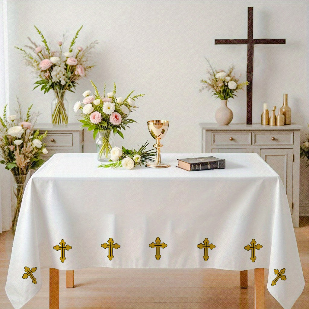 Elegant Polyester Rectangular Tablecloth with Golden Cross Pattern