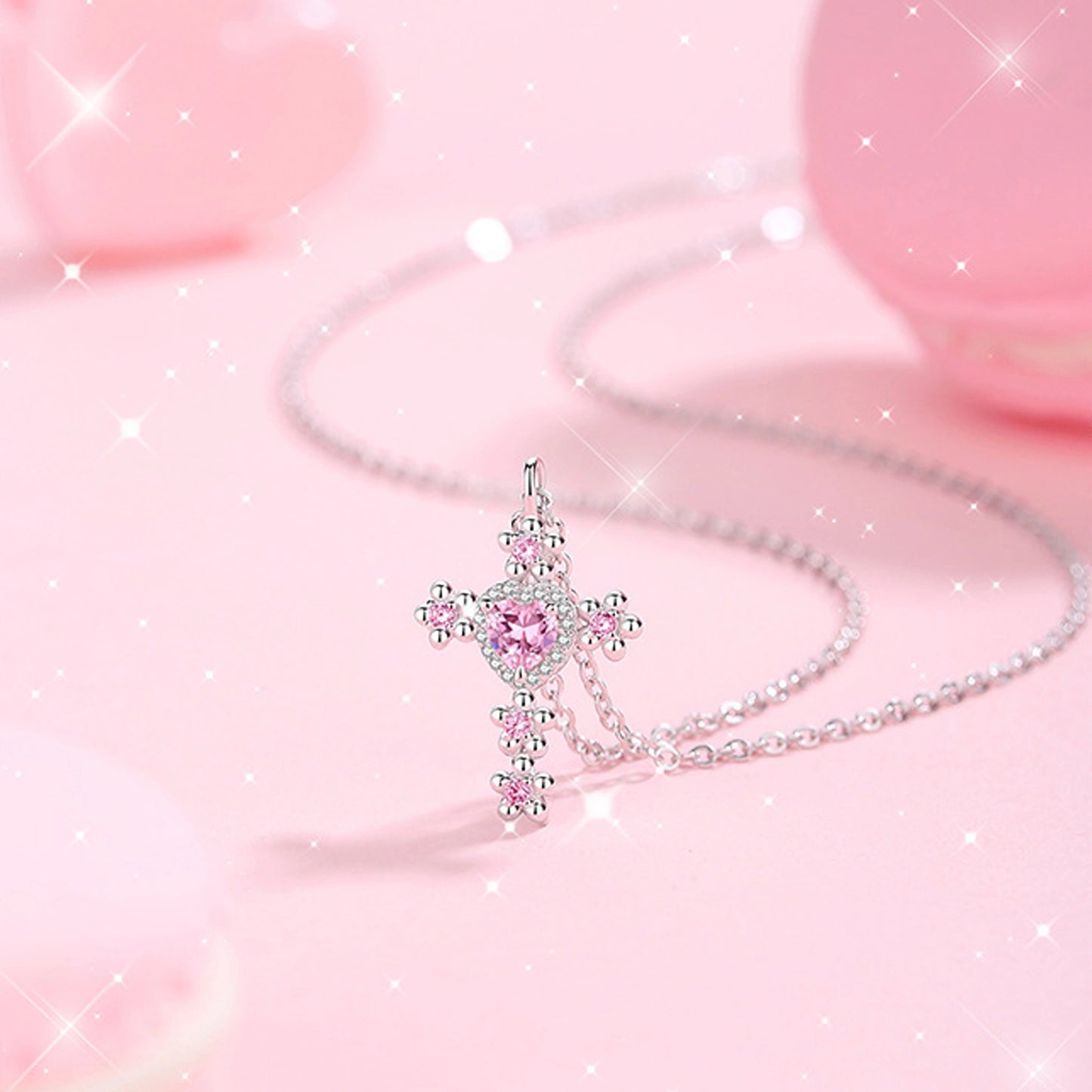 Cross Pendant with Pink Zirconia Stones