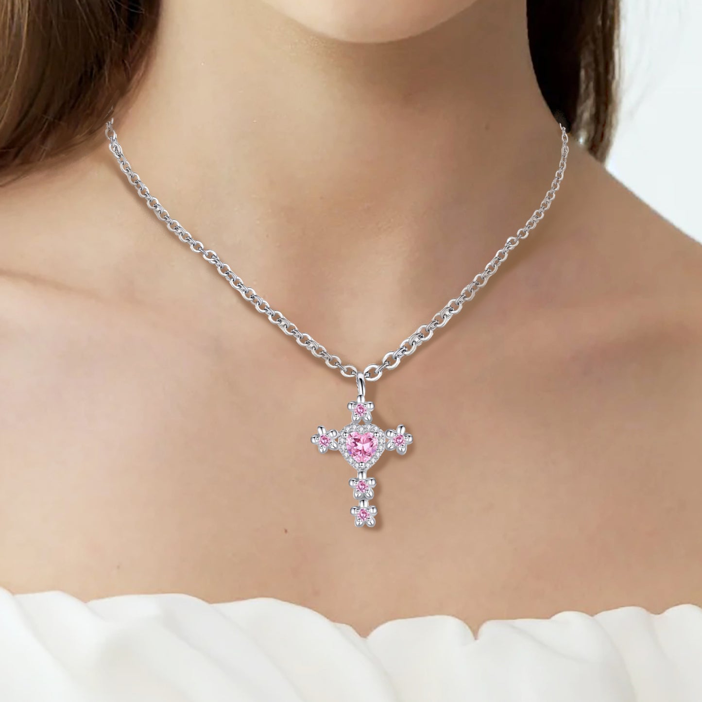 Cross Pendant with Pink Zirconia Stones