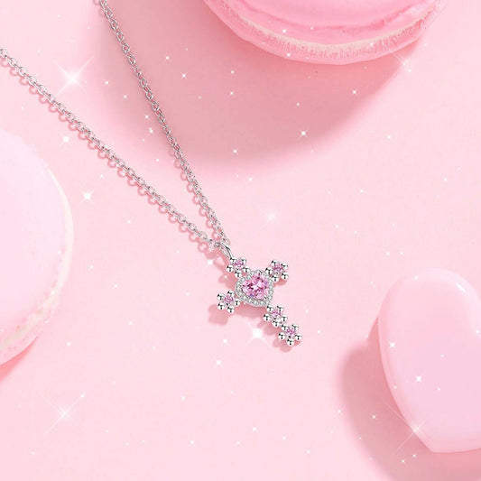 Cross Pendant with Pink Zirconia Stones