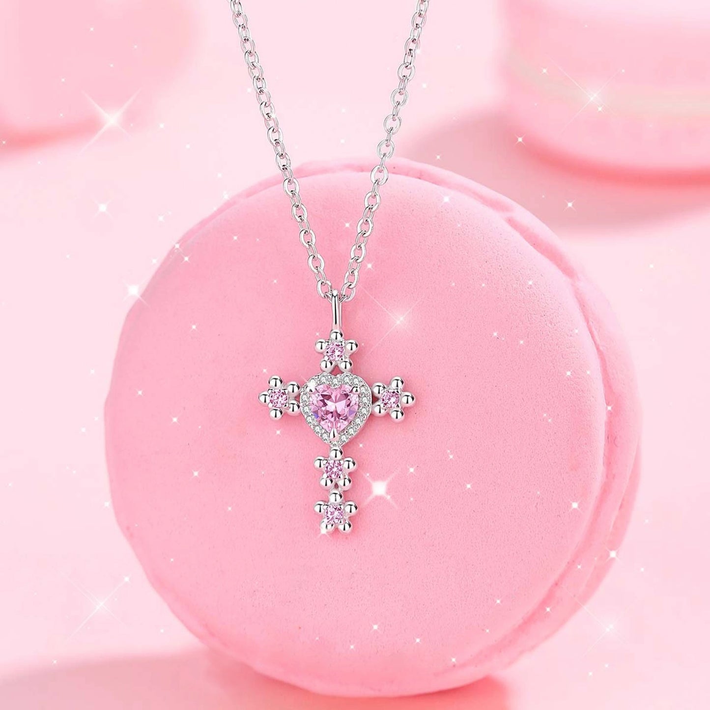 Cross Pendant with Pink Zirconia Stones