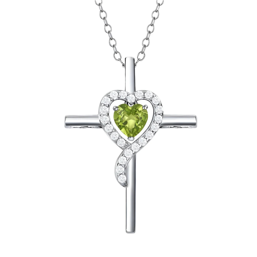 Sterling Silver Cross Pendant - 12 Colorful Heart Birthstone Necklace