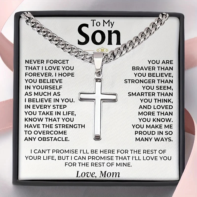 For my son cross chain necklace, stainless steel chain, birthday gift for son, with card and gift box packaging