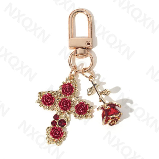 Rose Cross Red Enamel Keychain