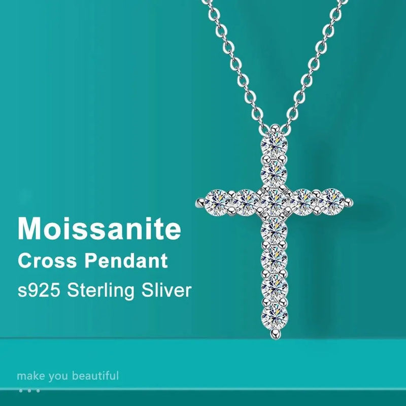 925 Sterling Sliver Chain Plated 18k White Gold  Full Moissanite Cross Pendant Necklace