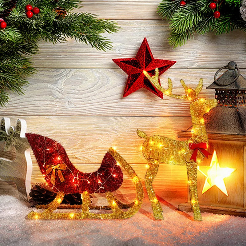 Lighted Christmas Reindeer and Sleigh Outdoor Yard Decoration Set