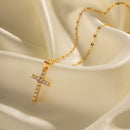 18K Gold Plated Cross Necklace – White Zirconia Stainless Steel Pendant