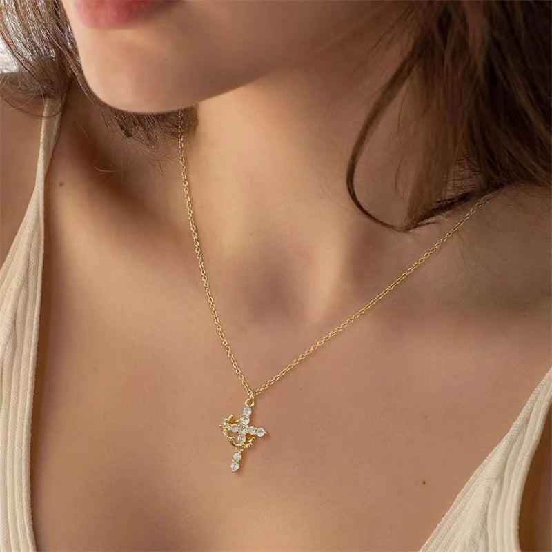 Zircon Cross Pendant Necklace Gold Color Rotatable Crown Necklace Jewelry