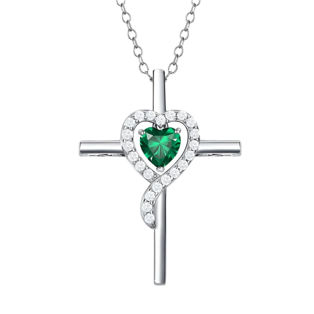 Sterling Silver Cross Pendant - 12 Colorful Heart Birthstone Necklace