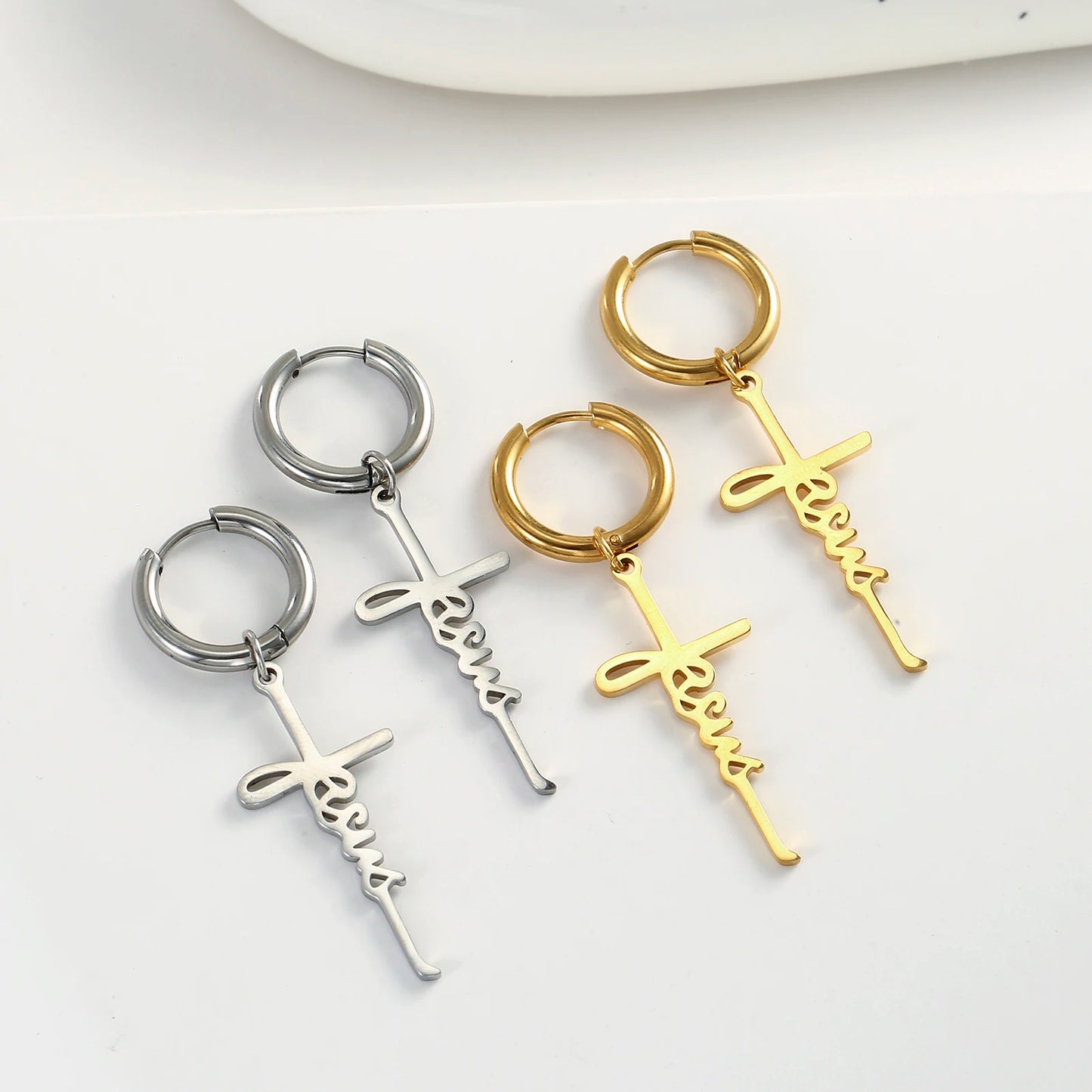 Cross Pendant Stainless Steel Drop Earrings