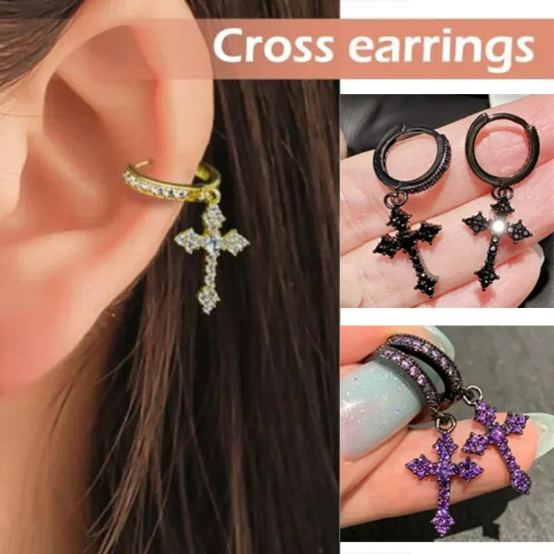 Goth Style Zircon Crystal Cross Drop Dangle Earring