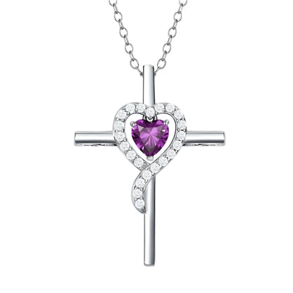 Sterling Silver Cross Pendant - 12 Colorful Heart Birthstone Necklace