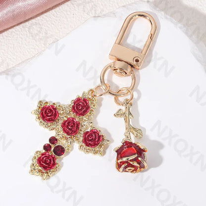 Rose Cross Red Enamel Keychain