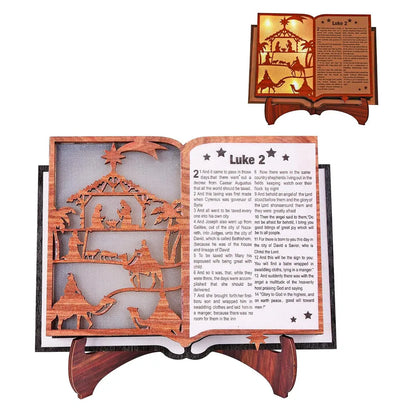 Wooden Craft 3D Bible with Nativity Scene Desk Ornament With Light