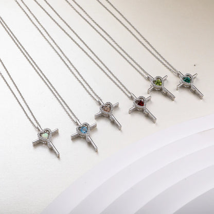 Sterling Silver Cross Pendant - 12 Colorful Heart Birthstone Necklace