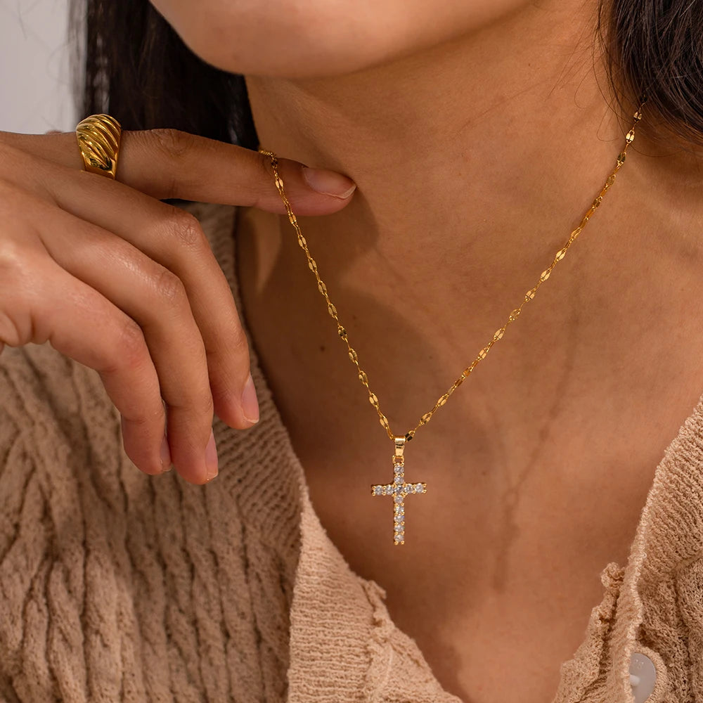 18K Gold Plated Cross Necklace – White Zirconia Stainless Steel Pendant