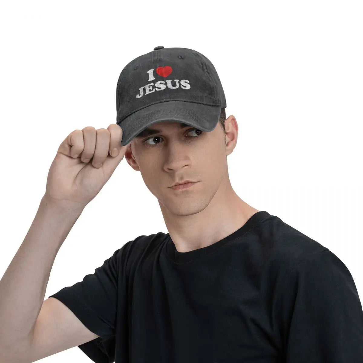 Gorras de béisbol con la frase "Amo a Jesús"