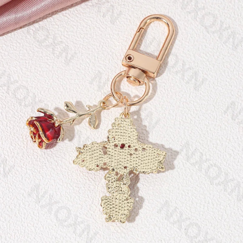 Rose Cross Red Enamel Keychain