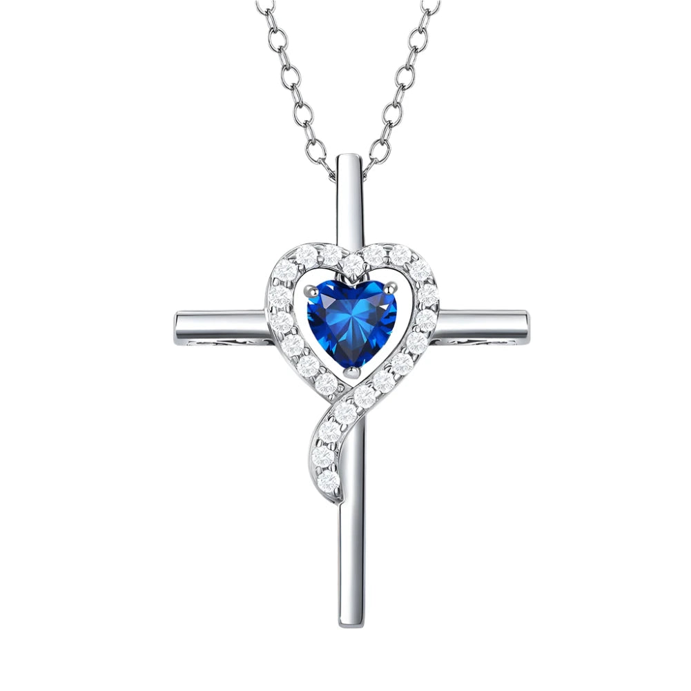 Sterling Silver Cross Pendant - 12 Colorful Heart Birthstone Necklace