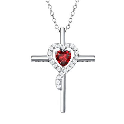 Sterling Silver Cross Pendant - 12 Colorful Heart Birthstone Necklace