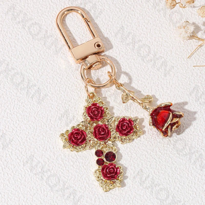 Rose Cross Red Enamel Keychain