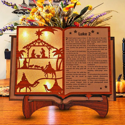 Wooden Craft 3D Bible with Nativity Scene Desk Ornament With Light