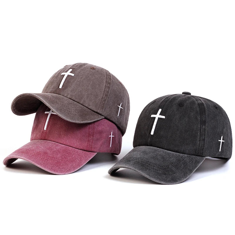 Unisex Cross Embroidery Wash Baseball Caps