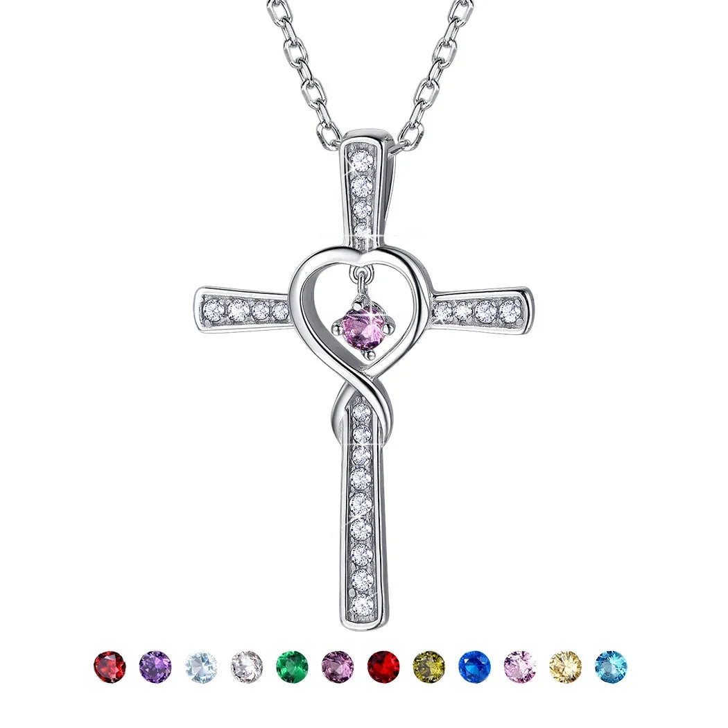 Birthstones 925 Sterling Silver Infinity Cross Necklace Birthday gift