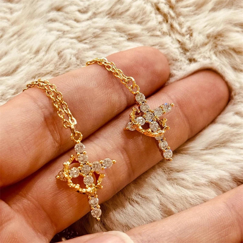 Zircon Cross Pendant Necklace Gold Color Rotatable Crown Necklace Jewelry