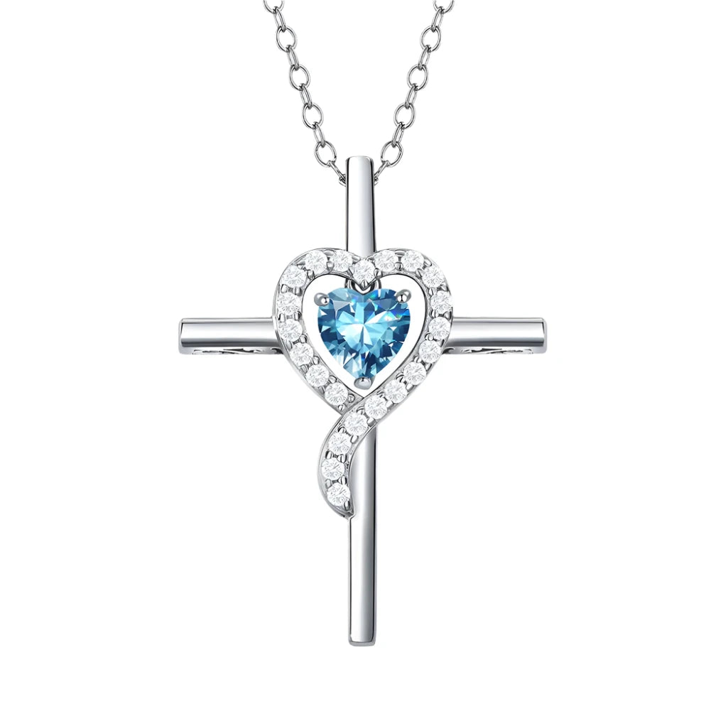 Sterling Silver Cross Pendant - 12 Colorful Heart Birthstone Necklace