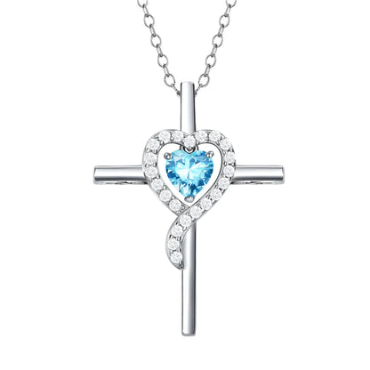 Sterling Silver Cross Pendant - 12 Colorful Heart Birthstone Necklace