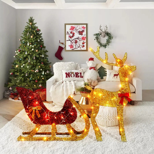 Lighted Christmas Reindeer and Sleigh Outdoor Yard Decoration Set