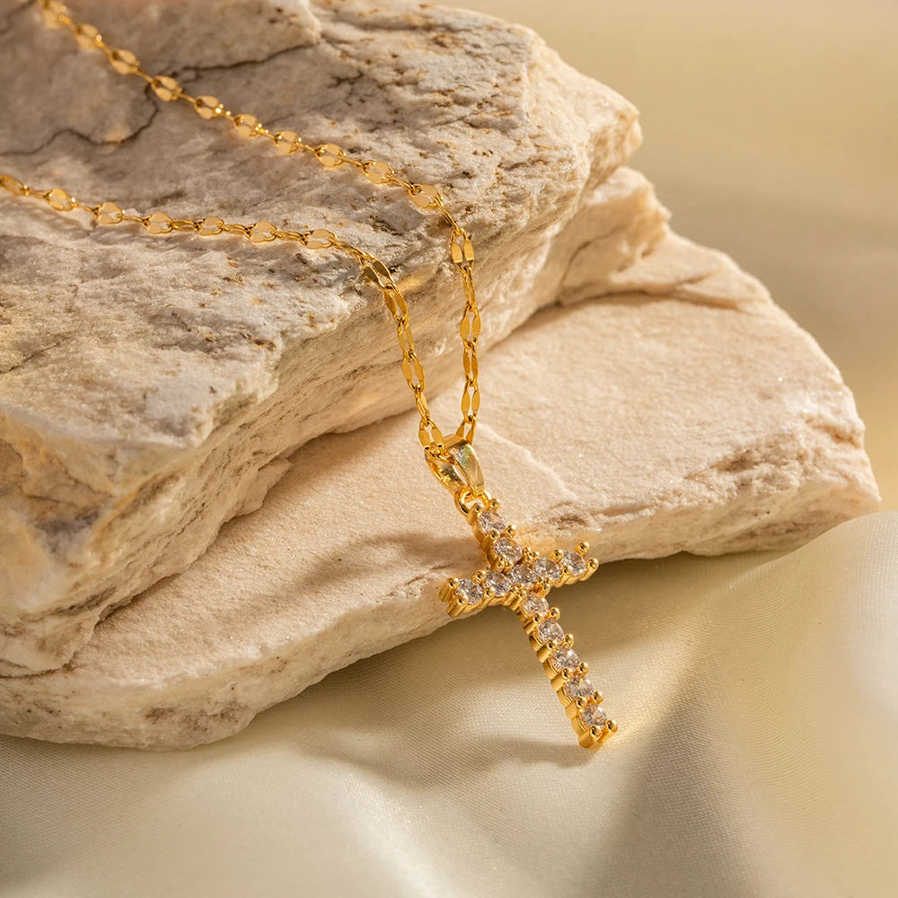 18K Gold Plated Cross Necklace – White Zirconia Stainless Steel Pendant
