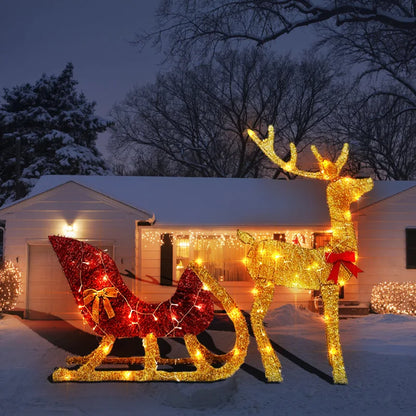 Lighted Christmas Reindeer and Sleigh Outdoor Yard Decoration Set