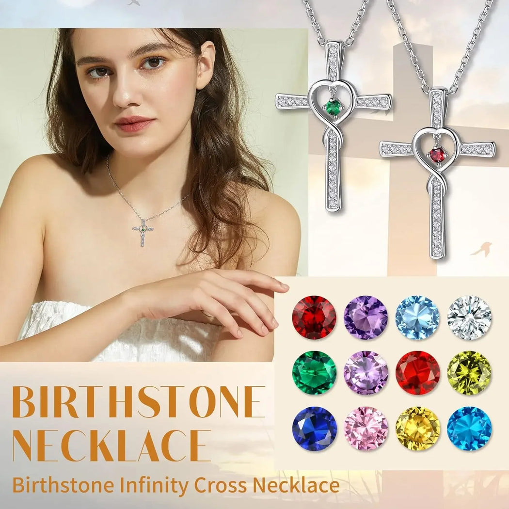 Birthstones 925 Sterling Silver Infinity Cross Necklace Birthday gift